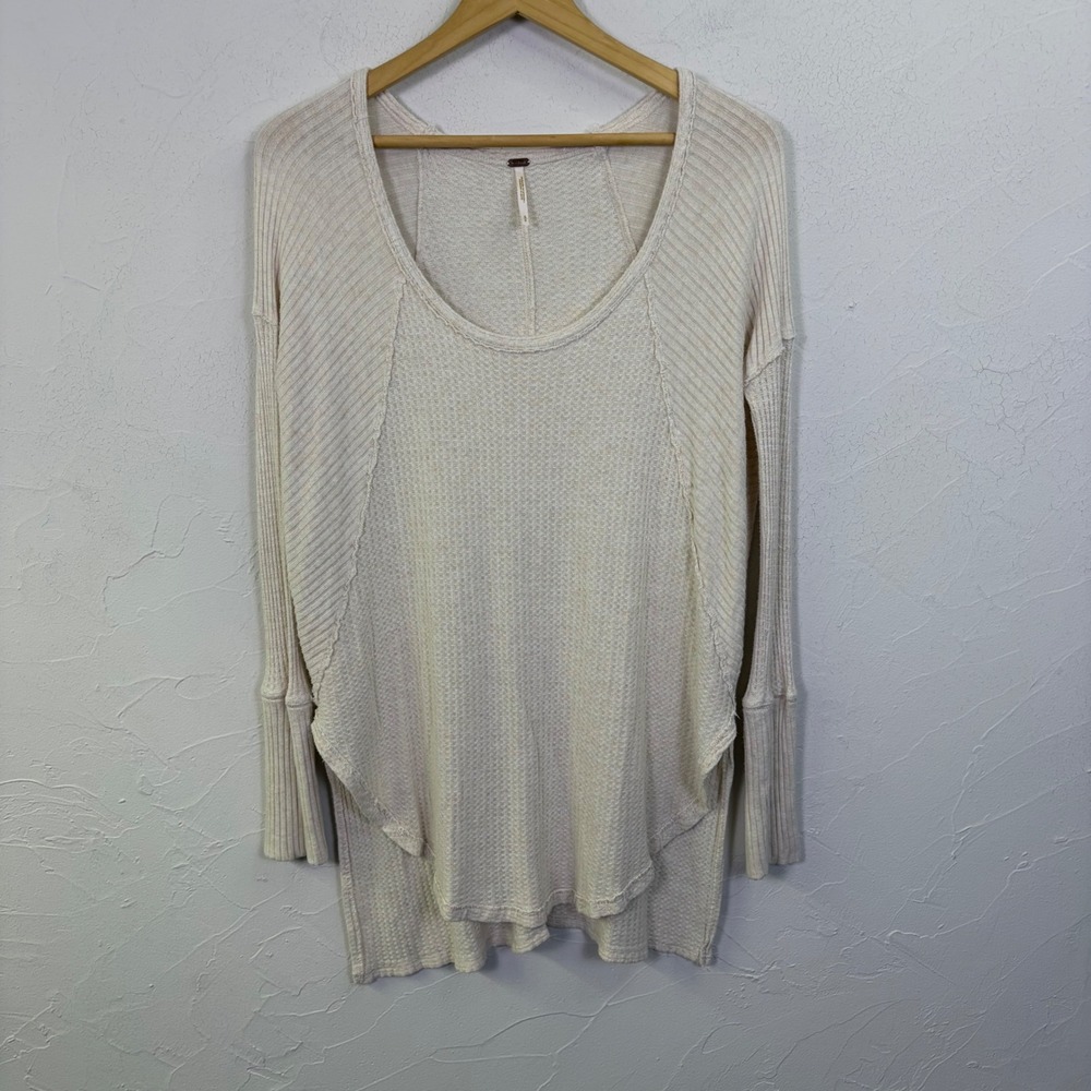 Free People Womens Waffle Knit Thermal Tunic Top Size S Cream Boho Layering